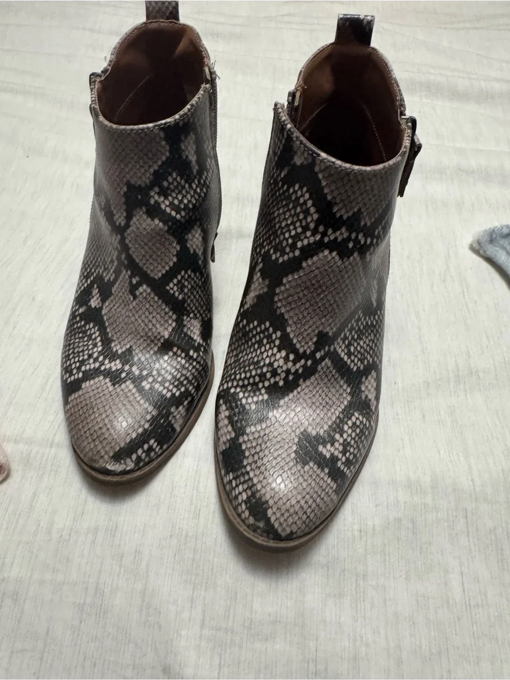 Universal Thread Snake-Print Ankle Boots in Taupe and Black
